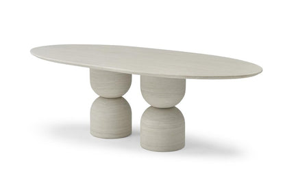 Sabine 94-inch oval dining table in beige marble on a double pedestal base, additional view