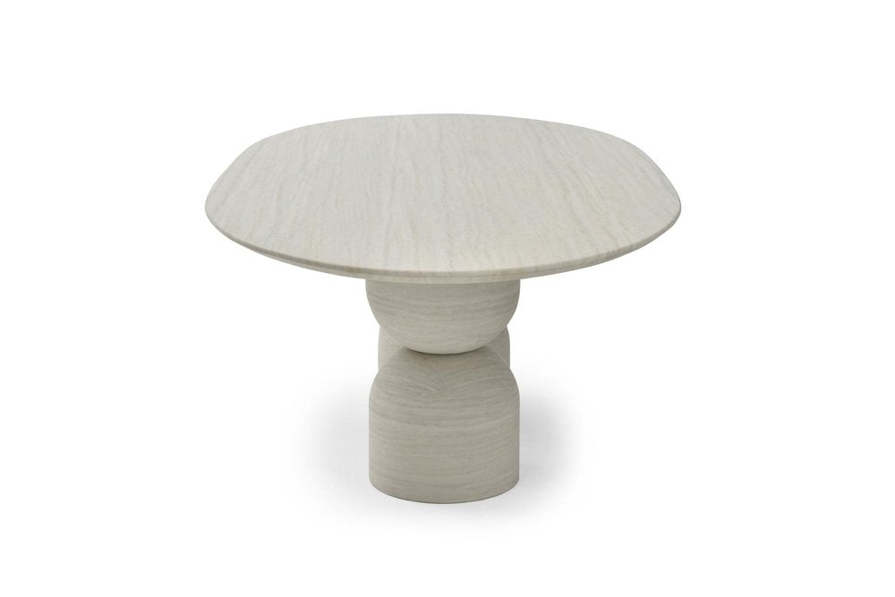 Sabine 94-inch oval dining table in beige marble on a double pedestal base, additional view
