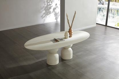 Sabine 94-inch oval dining table in beige marble on a double pedestal base, additional view