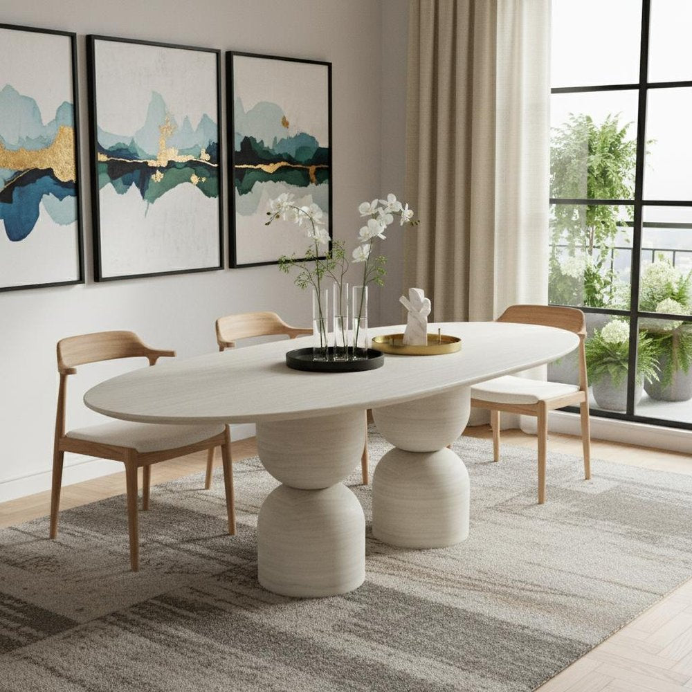 Sabine 94-inch oval dining table in beige marble on a double pedestal base