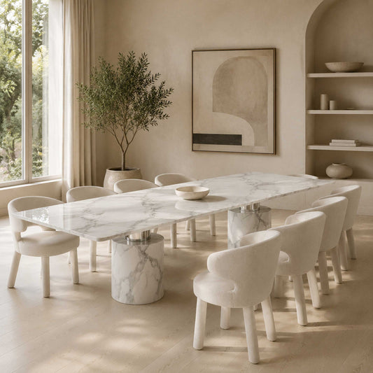 Belmont 120-inch white marble dining table with a stainless steel double pedestal base