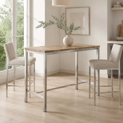 Ellis 55-inch dining table with a brown solid wood top on a silver stainless steel base