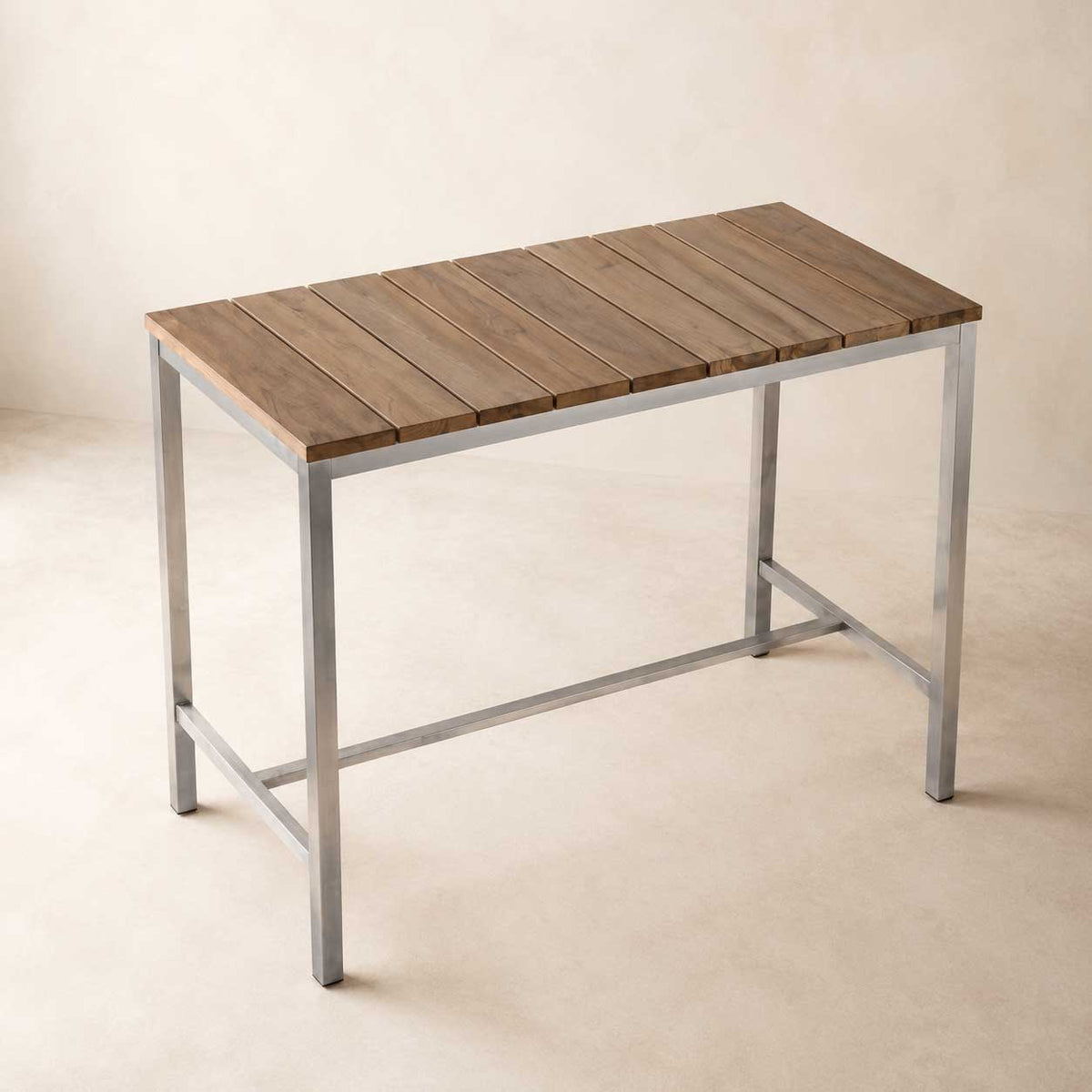 Ellis 55-inch dining table with a brown solid wood top on a silver stainless steel base