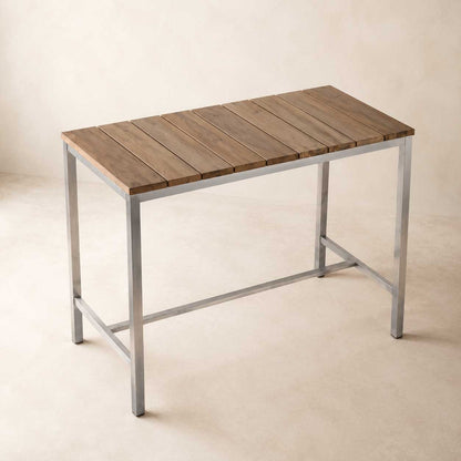 Ellis 55-inch dining table with a brown solid wood top on a silver stainless steel base