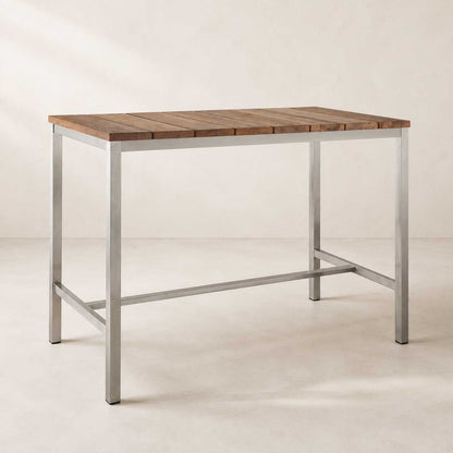 Ellis 55-inch dining table with a brown solid wood top on a silver stainless steel base