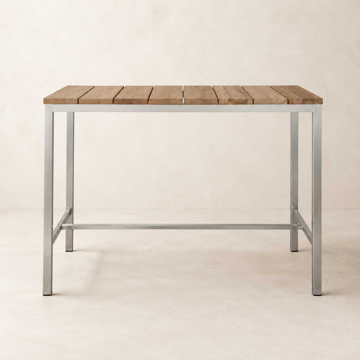 Ellis 55-inch dining table with a brown solid wood top on a silver stainless steel base