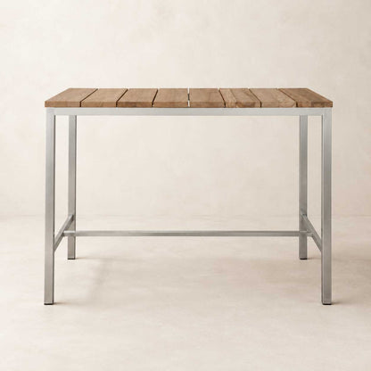 Ellis 55-inch dining table with a brown solid wood top on a silver stainless steel base