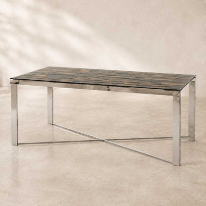 Mercer 80-inch glass dining table on a silver wood and stainless steel trestle base