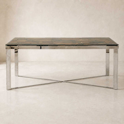 Mercer 80-inch glass dining table on a silver wood and stainless steel trestle base