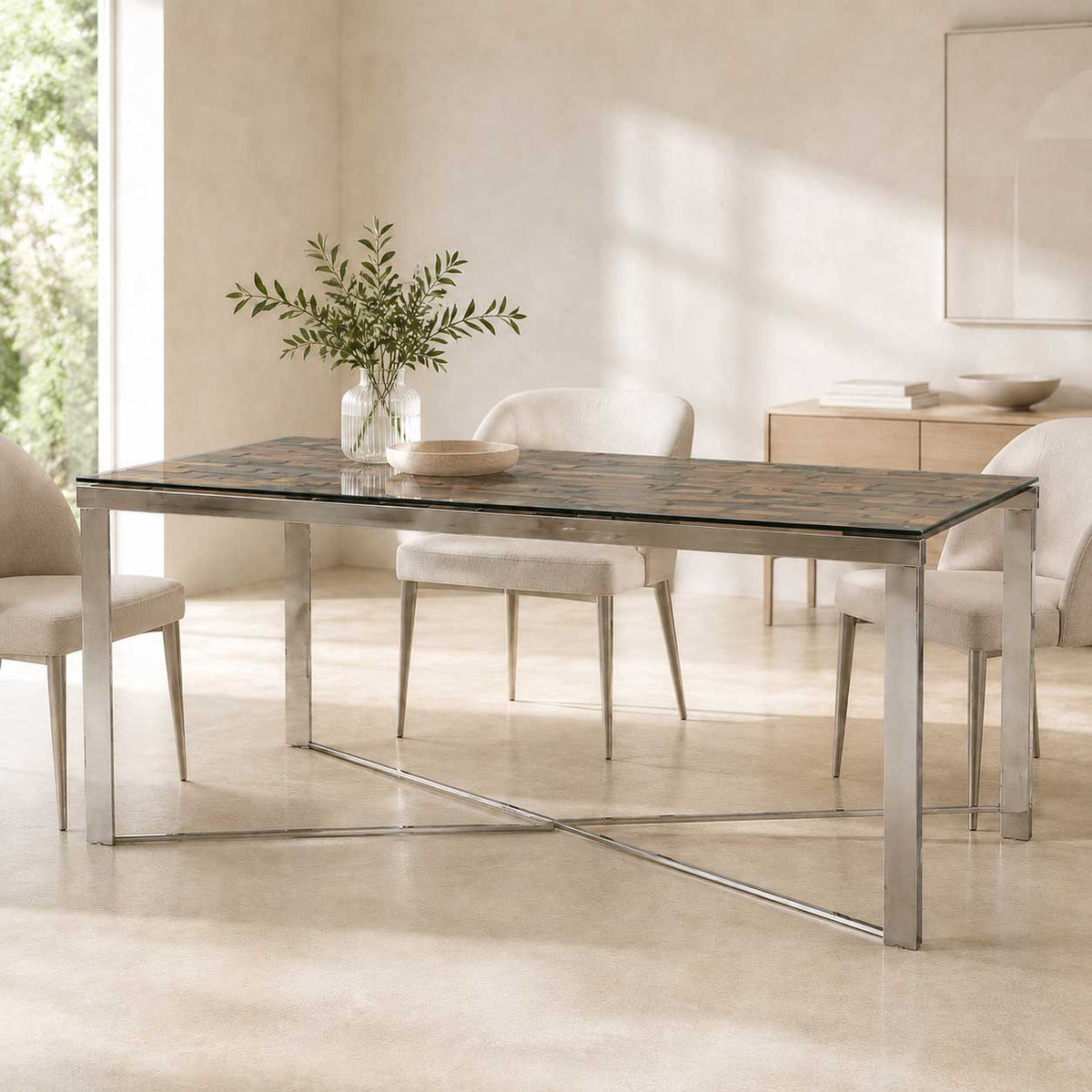 Mercer 80-inch glass dining table on a silver wood and stainless steel trestle base