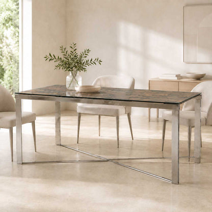 Mercer 80-inch glass dining table on a silver wood and stainless steel trestle base