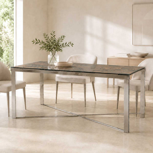 Mercer 80-inch glass dining table on a silver wood and stainless steel trestle base