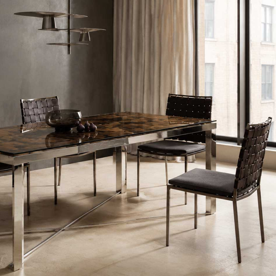 Mercer 80-inch glass dining table on a silver wood and stainless steel trestle base