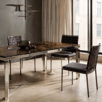 Mercer 80-inch glass dining table on a silver wood and stainless steel trestle base