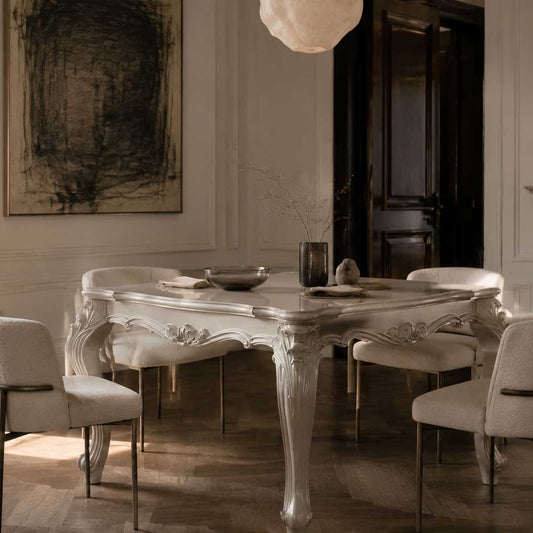 Wren 55-inch square dining table in an antiqued white finish