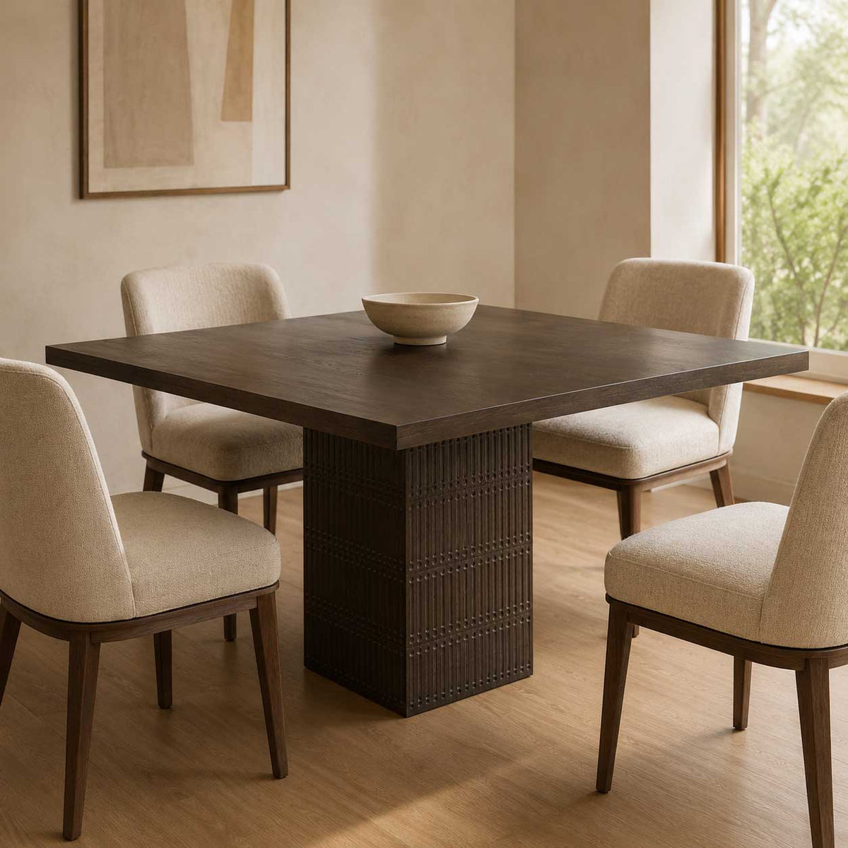 Perry 42-inch square dining table in brown mango wood with a ribbed pedestal base