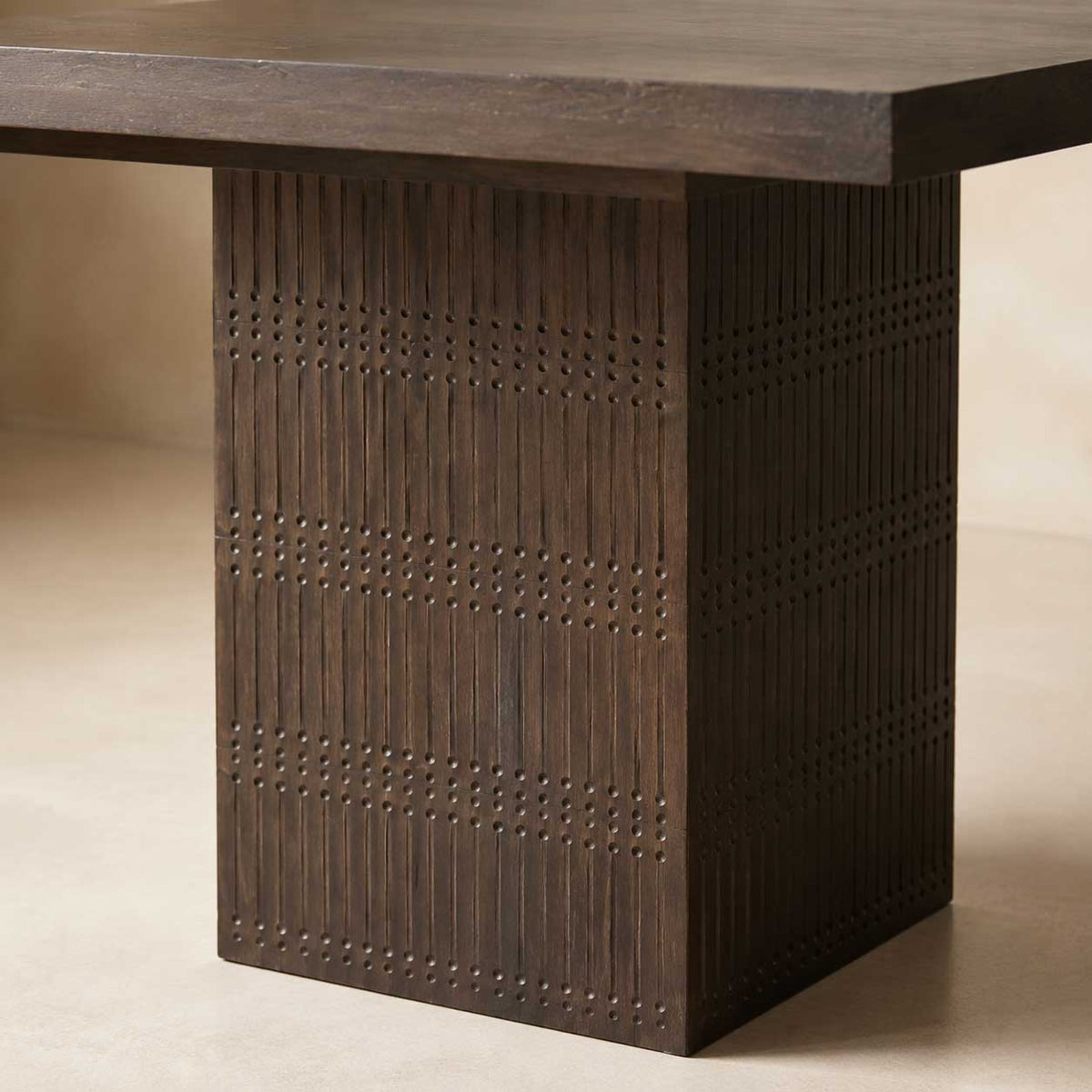 Perry 42-inch square dining table in brown mango wood with a ribbed pedestal base