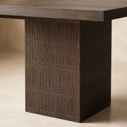 Perry 42-inch square dining table in brown mango wood with a ribbed pedestal base