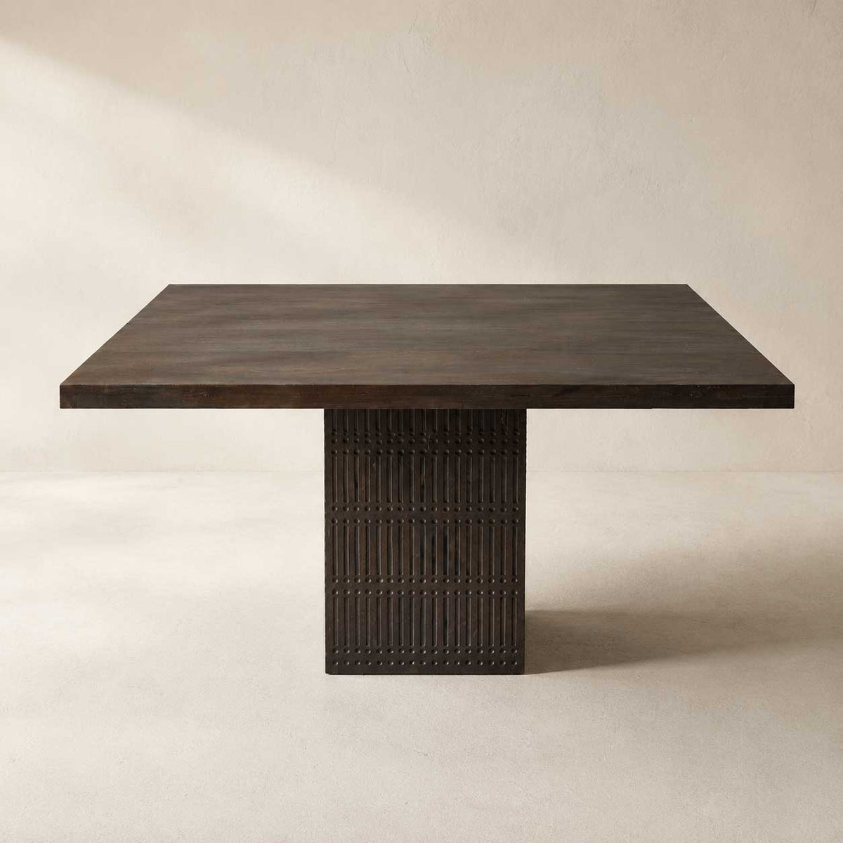 Perry 42-inch square dining table in brown mango wood with a ribbed pedestal base
