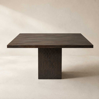 Perry 42-inch square dining table in brown mango wood with a ribbed pedestal base