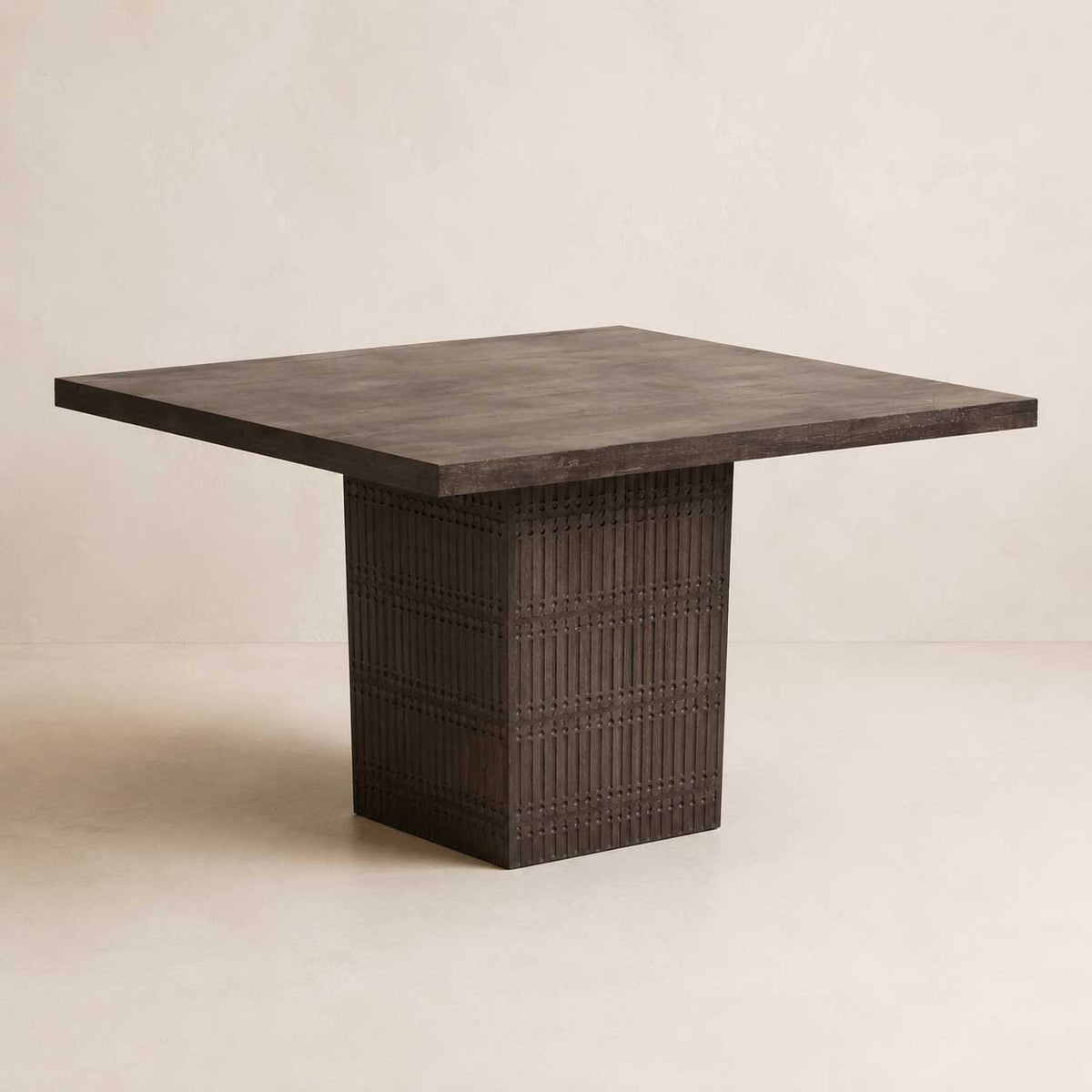 Perry 42-inch square dining table in brown mango wood with a ribbed pedestal base