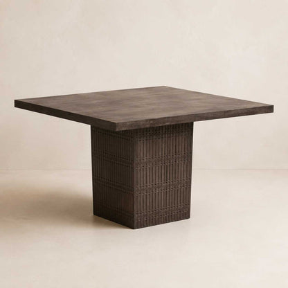 Perry 42-inch square dining table in brown mango wood with a ribbed pedestal base