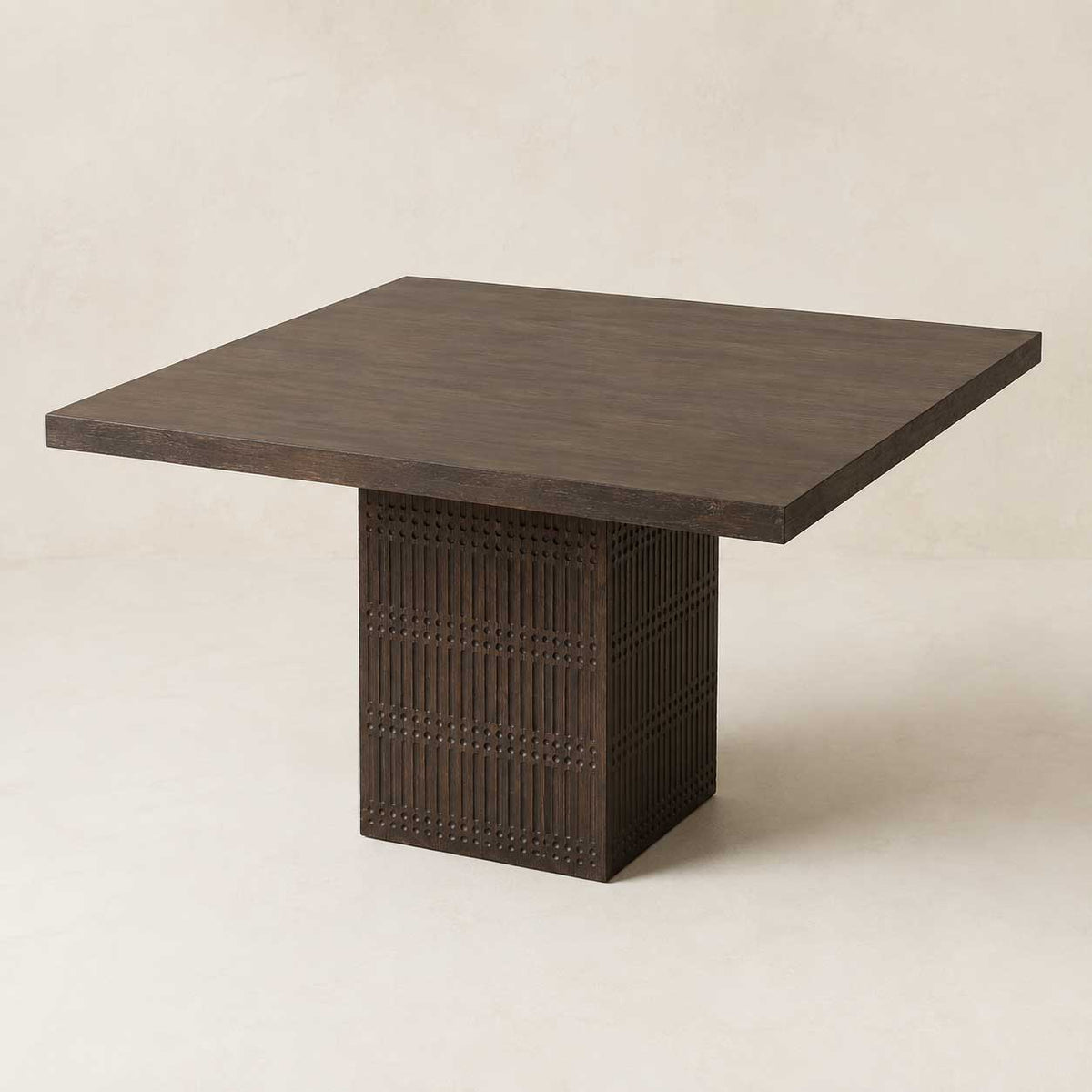 Perry 42-inch square dining table in brown mango wood with a ribbed pedestal base