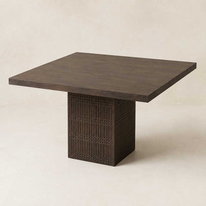 Perry 42-inch square dining table in brown mango wood with a ribbed pedestal base