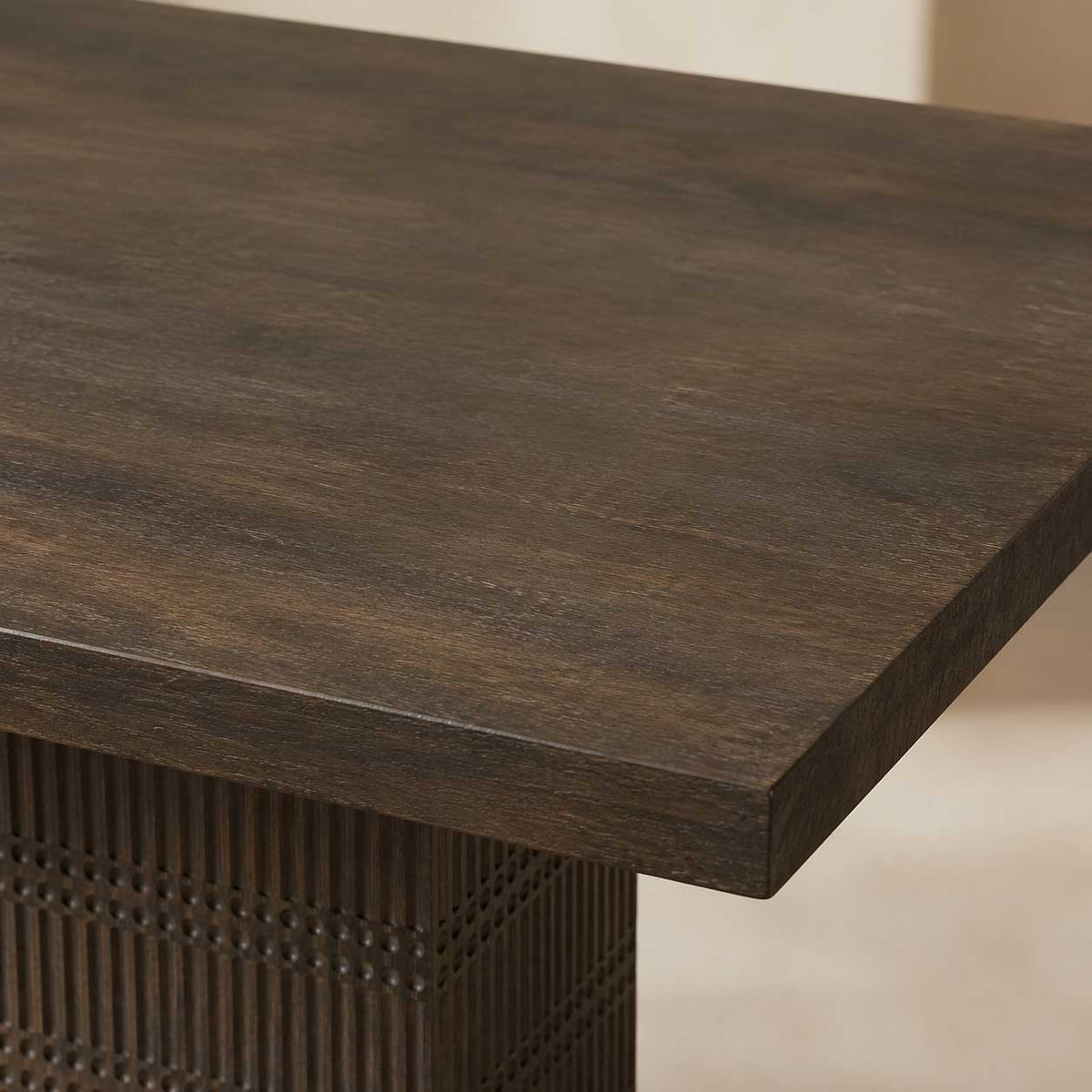 Perry 42-inch square dining table in brown mango wood with a ribbed pedestal base