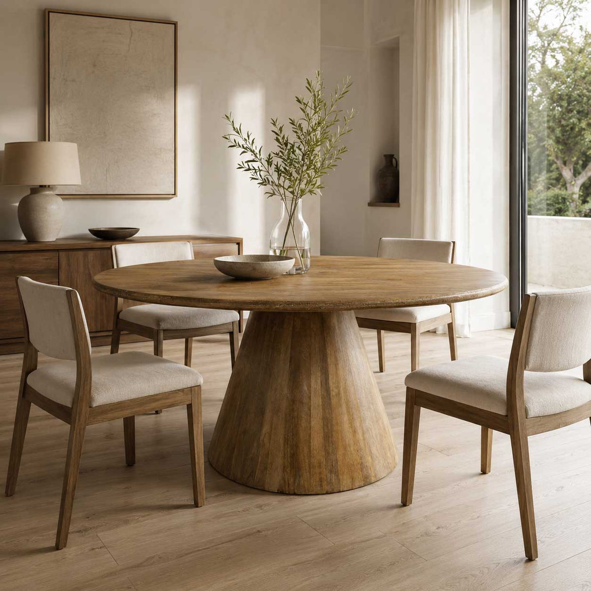 Rowan 60-inch round dining table in natural distressed solid wood on a pedestal base