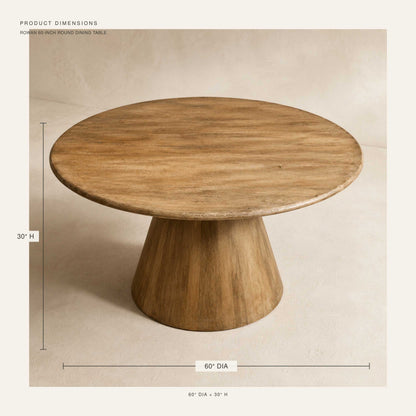 Rowan 60-inch round dining table in natural distressed solid wood on a pedestal base