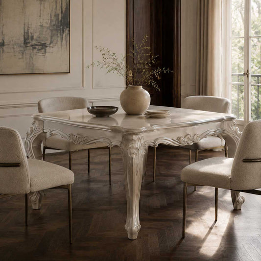 Wren 55-inch square dining table in an antiqued white finish