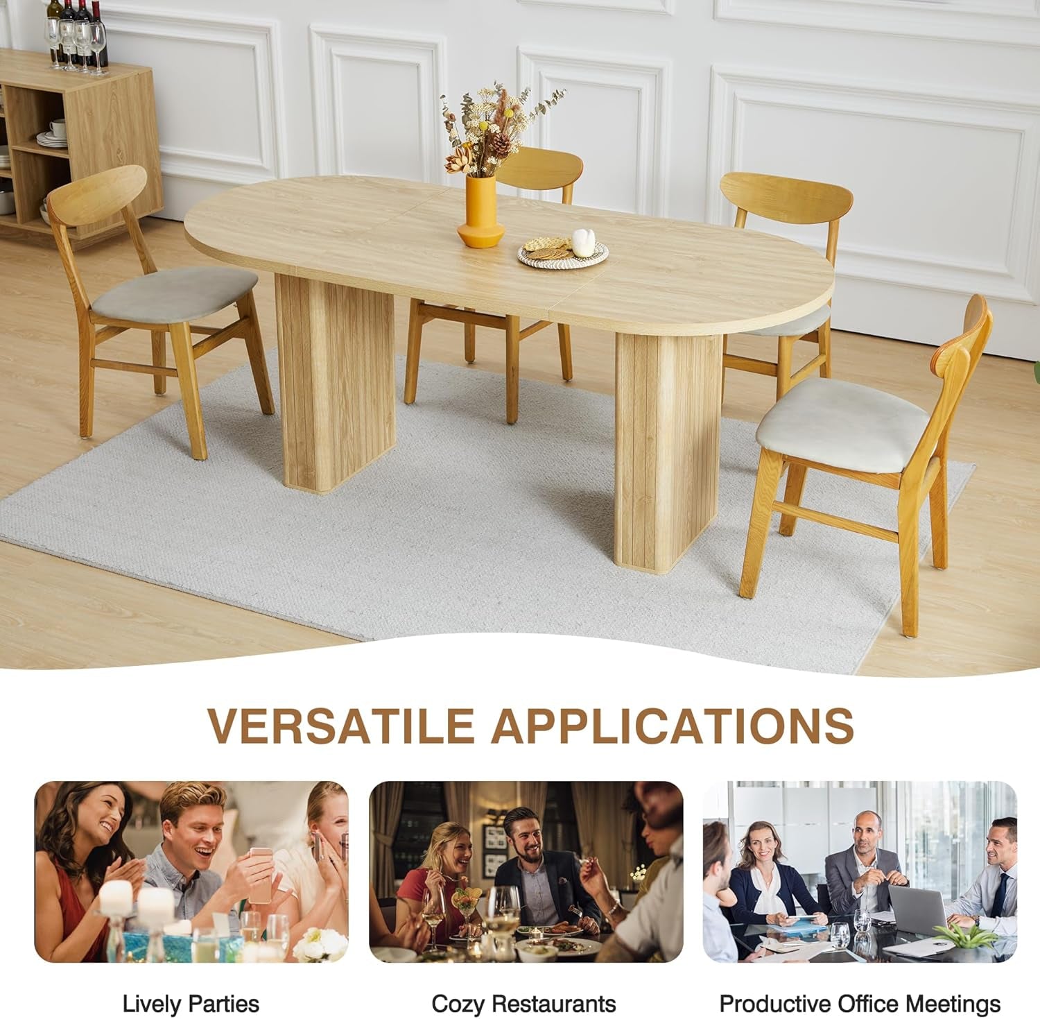 70.8 Inch Kitchen Dining Table for 4-6 People, Oval Kitchen Table with Wood Strip Base, Modern Farmhouse Large round Dining Room Tables for Kitchen Living Room (Natural)-4
